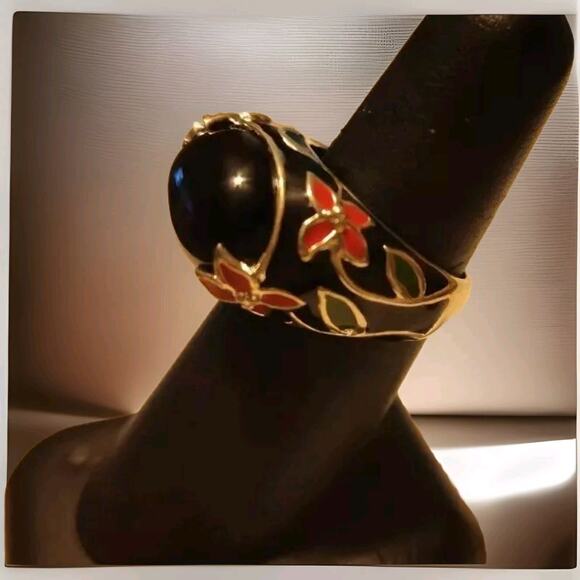 David Sigal Sterling Silver Dome Ring Size 8.5 Onyx & Red Green Enamel Floral - Picture 3 of 5